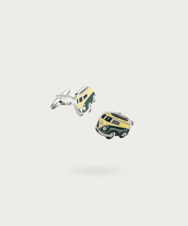 Boutons de manchette 'Le Voyageur', en forme de van de voyage, jaune et vert