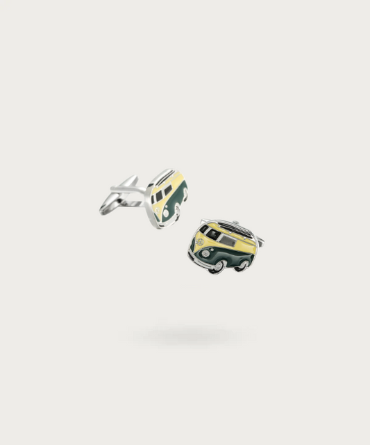  Boutons de manchette 'Le Voyageur', en forme de van de voyage, jaune et vert