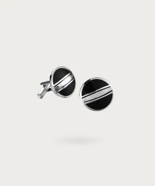 Bouton de manchette rond noir et argenté - L'Élégance Intemporelle