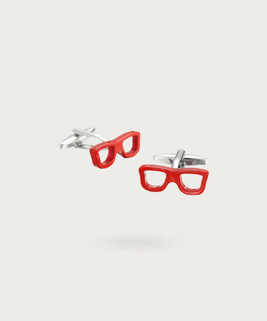 Boutons de manchette élégants en forme de lunettes rouges, avec une finition argentée brillante et des verres rouges éclatants