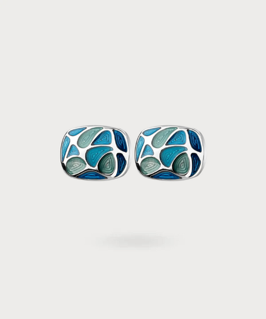 Boutons de manchette argentés avec motifs ovales bleus et verts - Mosaïque Ovale