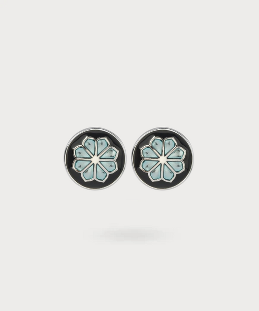Boutons de manchette noirs avec une fleur bleue - Floraison Nocturne