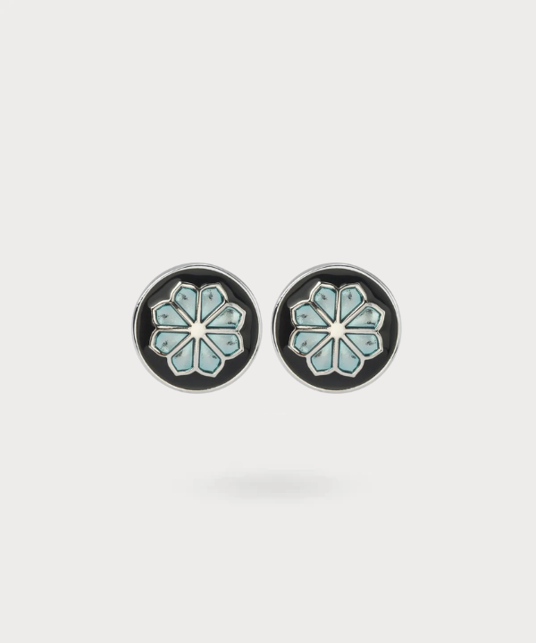 Boutons de manchette noirs avec une fleur bleue distinctive - Éclat Floral Bleu