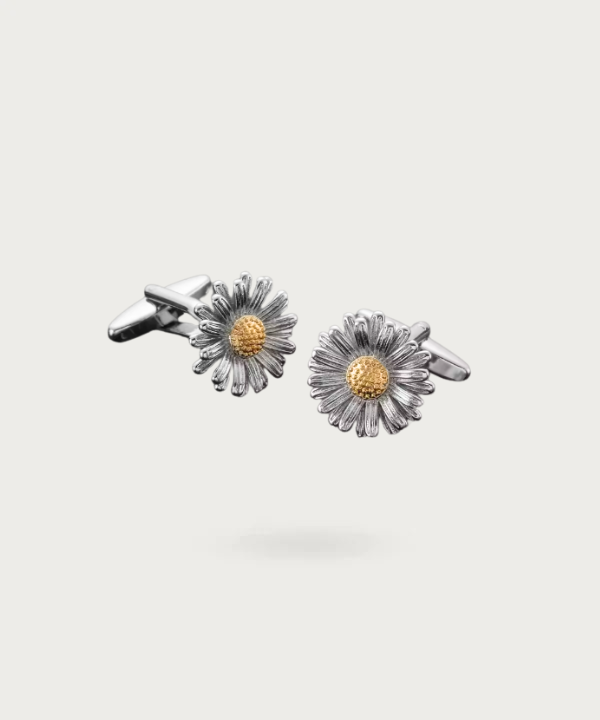 boutons de manchettes argentés en forme de marguerite, parfaits pour des occasions formelles